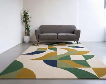 Abstrakter Geometrischer Teppich | Grün, Senf und Blauer Teppich
