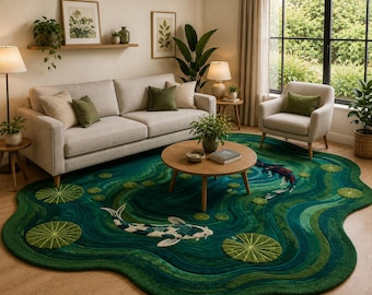 Japanese Koi Pond Area Rug, Water Lily Design, Nature Inspired Bedroom Carpet (Green Blue)