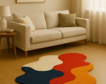 May include: A colorful, abstract rug with a unique, organic shape. The rug features sections of navy blue, cream, red, and orange. The rug is placed on a hardwood floor in a living room setting, with a sofa and artwork in the background.