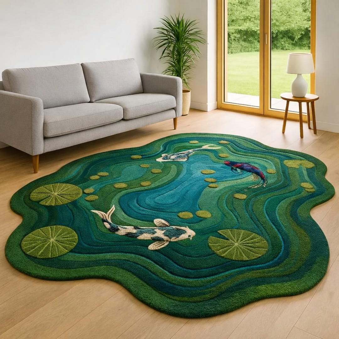 Pond Colors Rug Handmade Koi Fish Pond Shaped Rug – 3D Water Garden Design Carpet for ...