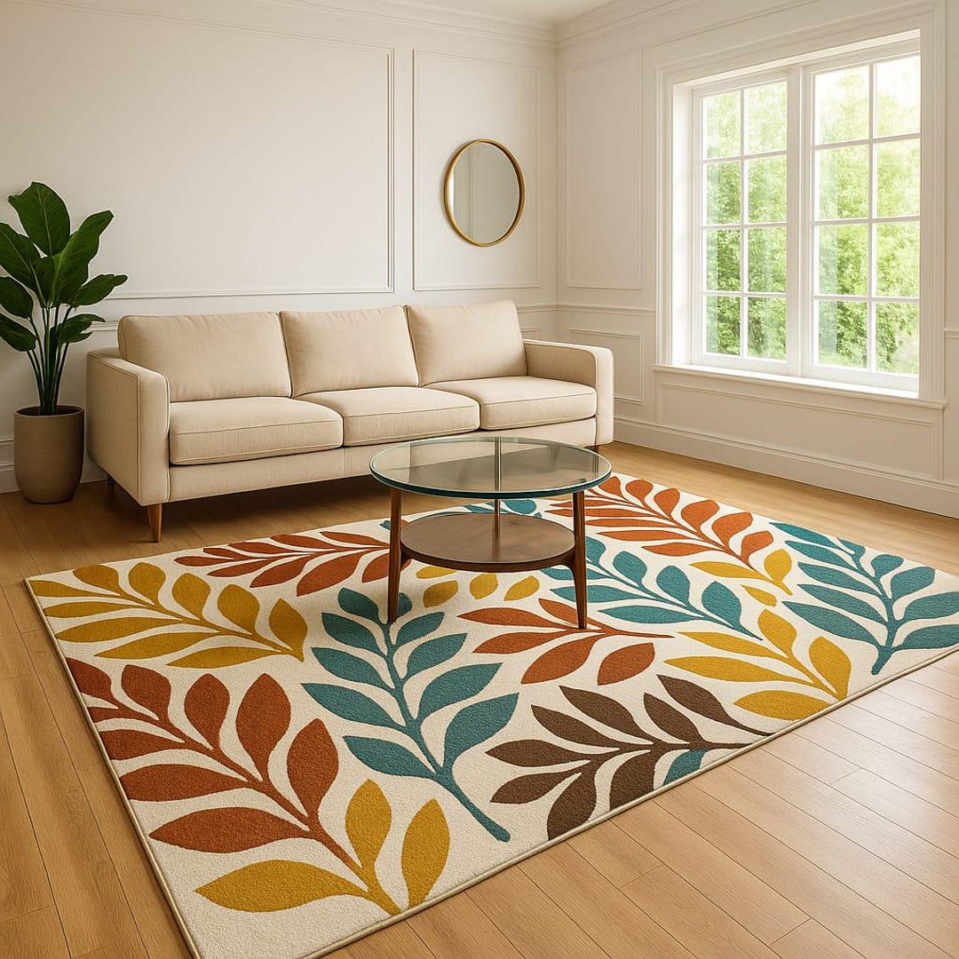 Abstract Leaf Pattern Area Rug Modern Leaf Pattern Area Rug – Multicolor Botanical Design Carpet for ...
