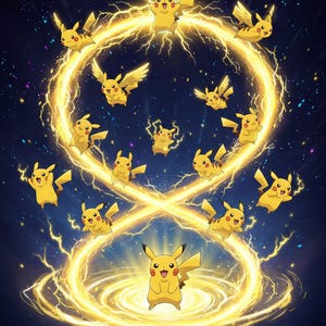 Puede incluir: Ilustración digital con múltiples personajes Pikachu amarillos con efectos de relámpagos. Algunos Pikachu tienen alas, dispuestos alrededor de una figura central. El fondo es azul oscuro con estrellas dispersas y energía amarilla.