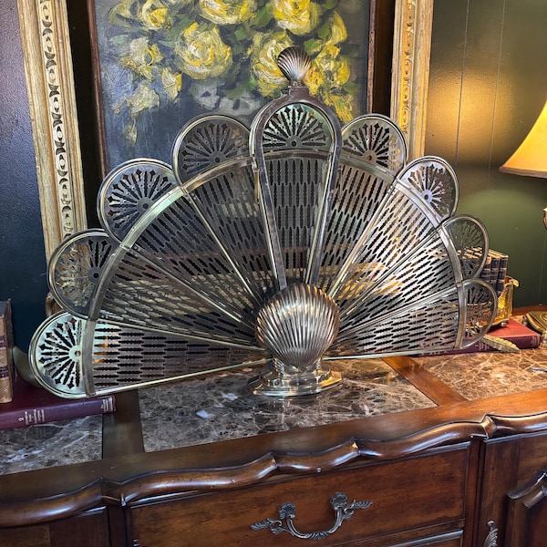 Vintage Brass Peacock Fireplace Screen