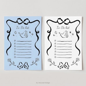 May include: Two illustrated To-Do list cards. One is light blue, the other white. Both feature a black outline design with a bow, stars, a dove, and roses. The text "To-Do list" is at the top. The bottom of the cards have the text "by storynut design".