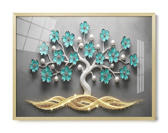 Arte mural floral de lujo con marco de metal, arte mural floral 3D, arte mural botánico, arte mural floral, arte mural único