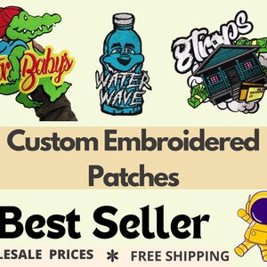 May include: Three embroidered patches featuring a green alligator wearing a red cap with the text Gator Babys, a blue water bottle with the text WATER WAVE, and a house with the text 8 Traps surrounded by money and a credit card, plus an astronaut icon.