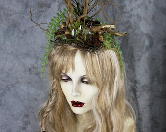 Crystal Woodland Fairy Queen- Full Blonde Wig w Bramble Flora Jewel Twig Crown Headpiece Costume Renaissance Wedding Celtic Halloween