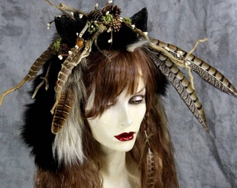 Running With Wolves Fairy- Brown Wig w ears- Headpiece Costume Renaissance Woodland Pagan Celtic Wedding Wolf TikTok Tribal Boho Halloween