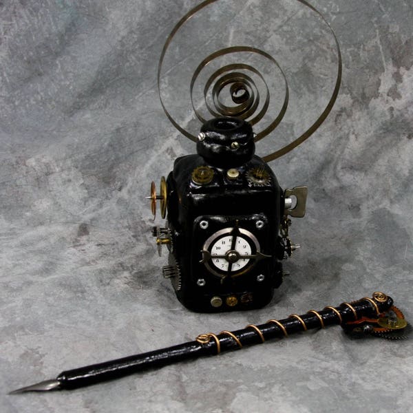 Steampunk Nib Pen & Inkwell Functional Art - Dip dipping Quill - Poetry Journal Writing Poe Gothic Writer Desk Set Old Clock Gears and parts