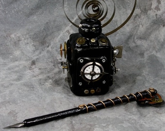 Steampunk Nib Pen & Inkwell Functional Art - Dip dipping Quill - Poetry Journal Writing Poe Gothic Writer Desk Set Old Clock Gears and parts