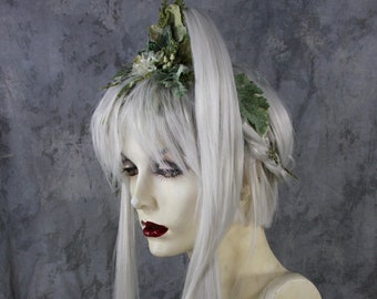 Woodland Boho Fairy - Palest Misty White Gray Full Wig, Headpiece Costume Renaissance Burning Man Wedding Goddess Ooak Womens Halloween