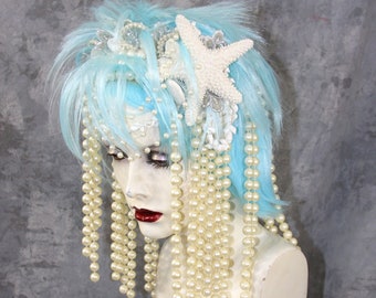 Coastal Myst Ocean Mermaid, Siren Fairy, Full Aqua Wig w Vintage Pearls Headpiece Costume Renaissance Gypsy Goddess Boho Halloween TikTok