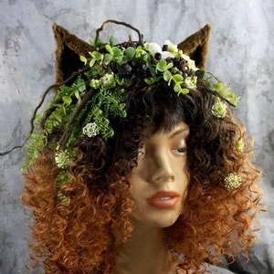 Women Who Run With Wolves Black & Amber Wig w/ Wolf Ears, Headpiece Costume Renaissance Woodland Burning Man Pagan Celtic Festival Fairy image 4