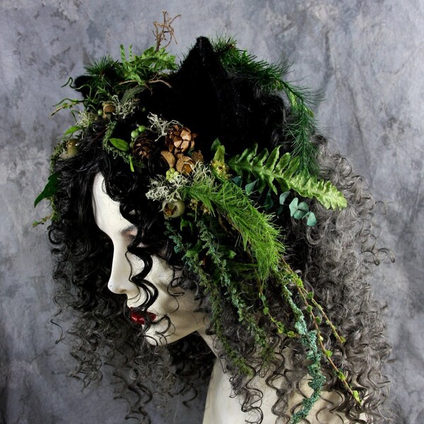 She Wolf of Deep Wood, Black & Silver Wig w Ears, Headpiece Costume Renaissance Woodland Burning Man Pagan Celtic Wedding  Fairy Halloween