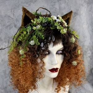 Women Who Run With Wolves Black & Amber Wig w/ Wolf Ears, Headpiece Costume Renaissance Woodland Burning Man Pagan Celtic Festival Fairy image 2