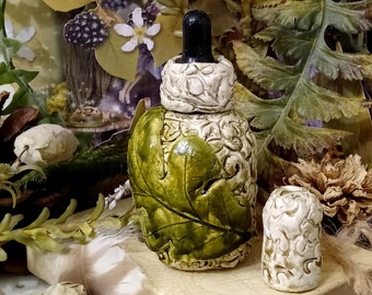 Hand Made, Woodland Forest, White Oak clay apothecary Tincture Potion Bottle w/ dropper, Old world, drip-glaze finish. Glass insert .25 oz