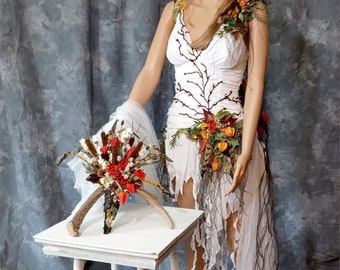 4 pc Dress w/ Train, Antler-Headpiece &  Bouquet Set- Tattered Woodland Fairy Fall Wedding bridal Veil Bohemian bridal Gown Festival costume