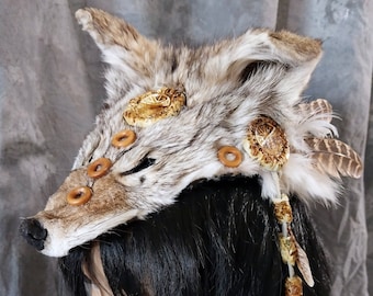 Small or Child size Real Coyote Fur Pelt Headpiece Headdress Celtic Pagan Druid Ritual Tribal Festival Native Renaissance Shaman Costume