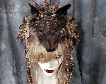 Unisex Woodland Coyote/Wolf Headpiece Headdress Real Fur Pelt Celtic Pagan Druid Ritual Tribal Festival Native Renaissance Costume