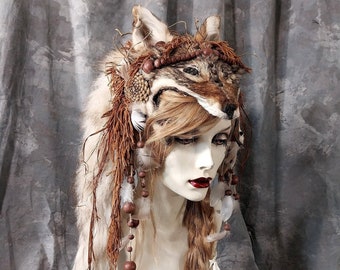 Unisex Coyote Headpiece Headdress Real Fur Pelt Celtic Pagan Druid Ritual Tribal Festival Native Renaissance Shaman Costume