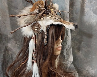 Large Woodland Coyote Headpiece Headdress Real Fur Pelt Celtic Pagan Gaelic Ritual Tribal Viking Native Renaissance Shaman Costume