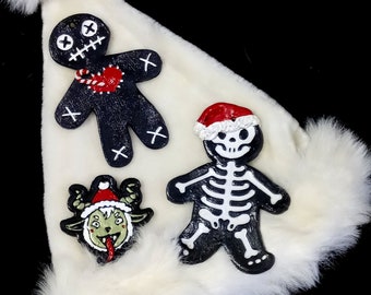 Set of 3 Yule tree Ornaments  for the naughty on santa's "Bad List" Skeleton, Voo-doo Gingerbread man Cookie & Krampus! Christmas Holiday