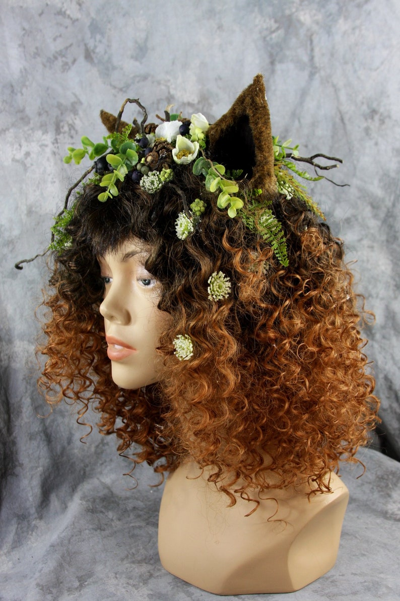 Women Who Run With Wolves Black & Amber Wig w/ Wolf Ears, Headpiece Costume Renaissance Woodland Burning Man Pagan Celtic Festival Fairy image 6