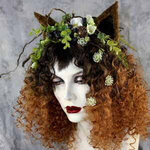 Women Who Run With Wolves Black & Amber Wig w/ Wolf Ears, Headpiece Costume Renaissance Woodland Burning Man Pagan Celtic Festival Fairy image 7