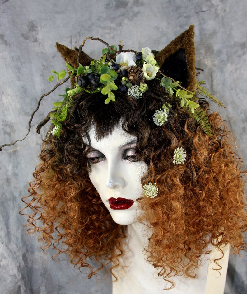 Women Who Run With Wolves Black & Amber Wig w/ Wolf Ears, Headpiece Costume Renaissance Woodland Burning Man Pagan Celtic Festival Fairy image 7