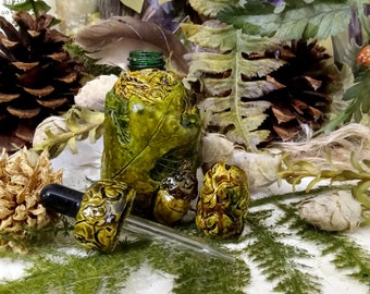 Hand Made, Woodland Forest, Black Oak & Acorn clay apothecary Tincture Potion Bottle w/ dropper, Old world, drip-glaze. Glass insert .25 oz