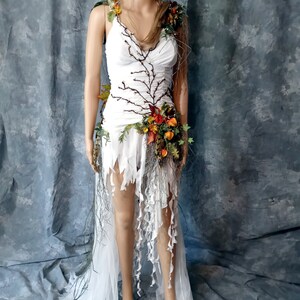 4 Pc Dress W/ Train, Antler-headpiece & Bouquet Set- Tattered Woodland ...