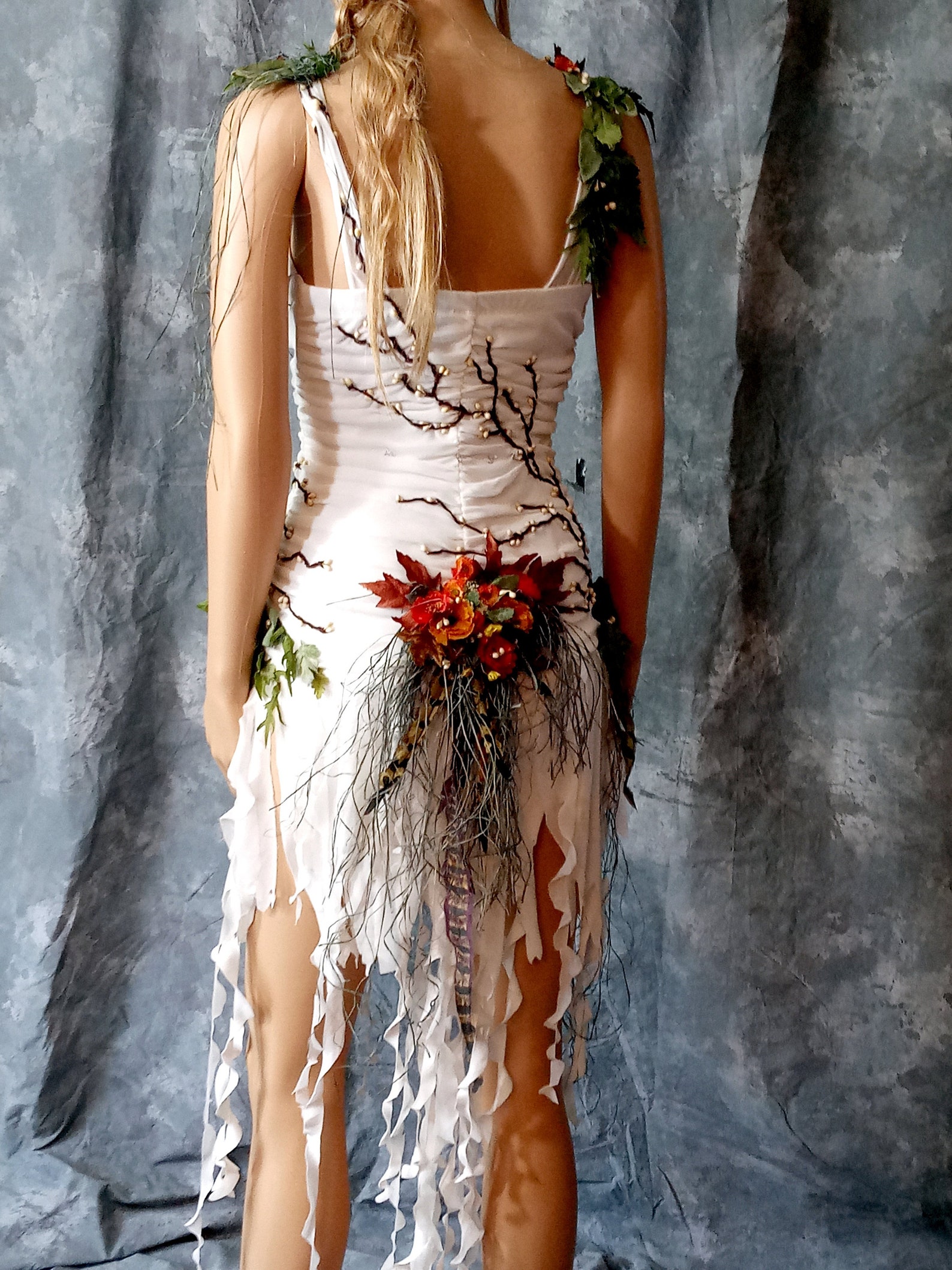 4 Pc Dress W/ Train, Antler-headpiece & Bouquet Set- Tattered Woodland 4 Pc Dress W/ Train, Antler-headpiece & Bouquet Set- Tattered Woodland