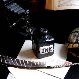 Quill & Inkwell Functional Art - Handmade Nib Dip dipping Feather Quill - Poetry Journal Writing Renaissance Poe Gothic Poet Writer Desk Set