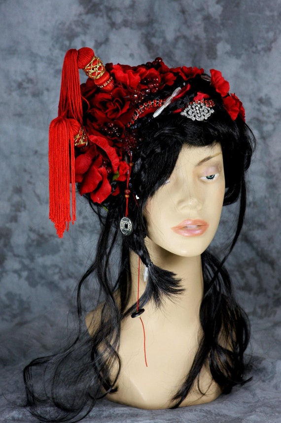 Far Eastern Gypsy Fairy Black Full Wig W Exotic Red Asian Style  