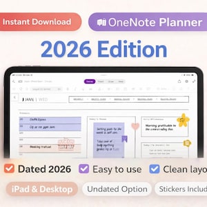 以下が含まれることがあります： タブレットに表示されたデジタルプランナーで、「2026 Edition」と書かれています。プランナーは、週ごとの計画やメモのためのセクションを備えたクリーンなレイアウトです。iPadとデスクトップ向けに設計されており、日付なしオプションとインスタントダウンロードがあります。