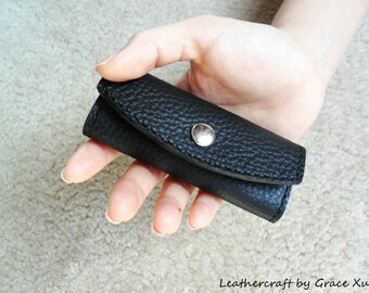 100/% hand stitched handmade dark slate blue cowhide leather Chicago screw key purse holder case