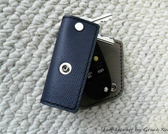 100/% hand stitched handmade dark slate blue cowhide leather Chicago screw key purse holder case