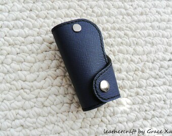 100/% hand stitched handmade dark slate blue cowhide leather Chicago screw key purse holder case