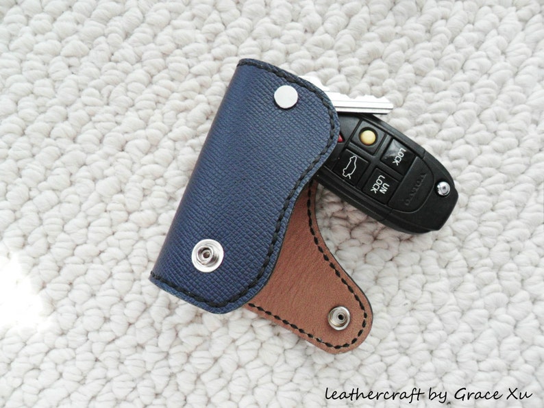 100/% hand stitched handmade dark slate blue cowhide leather Chicago screw key purse holder case