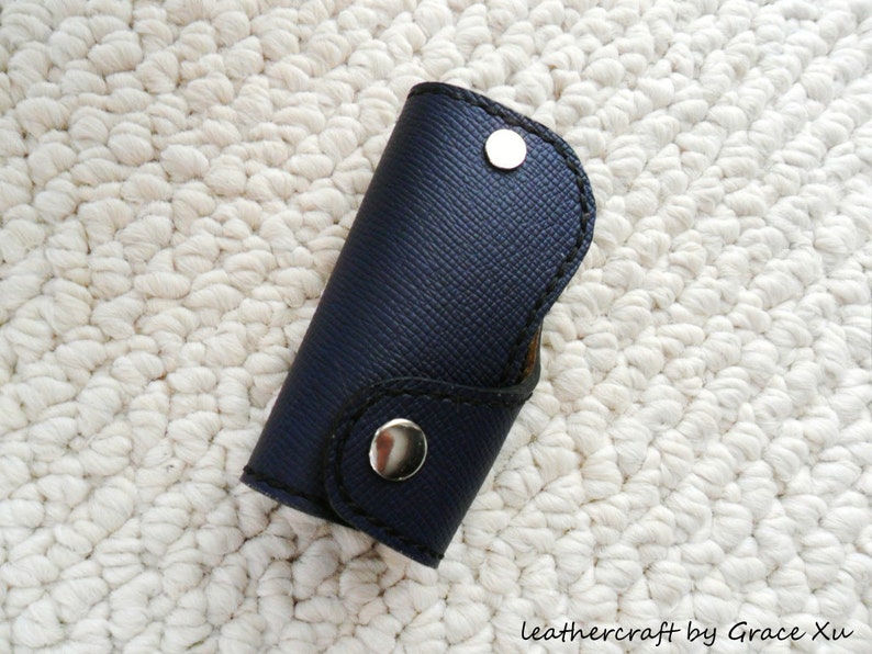 100/% hand stitched handmade dark slate blue cowhide leather Chicago screw key purse holder case