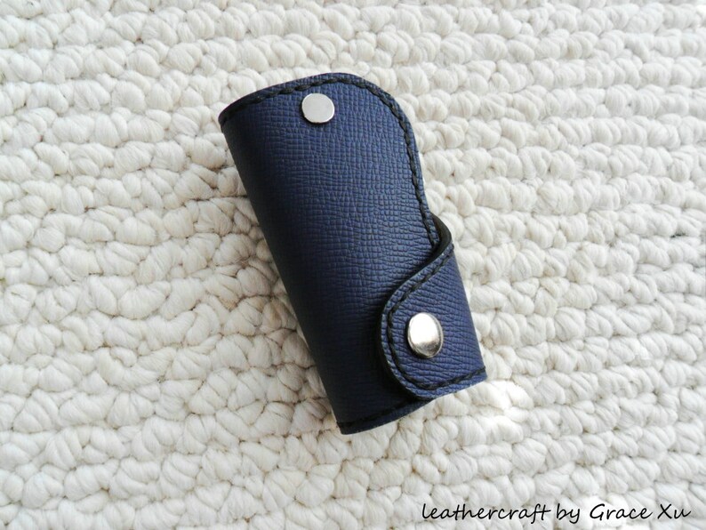 100/% hand stitched handmade dark slate blue cowhide leather Chicago screw key purse holder case