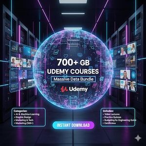 May include: A digital graphic promoting Udemy courses. The image features a glowing sphere with the text "700+ GB Udemy Courses" and "Massive Data Bundle." Categories include AI, graphic design, and marketing. Includes video lectures, quizzes, and certificates.