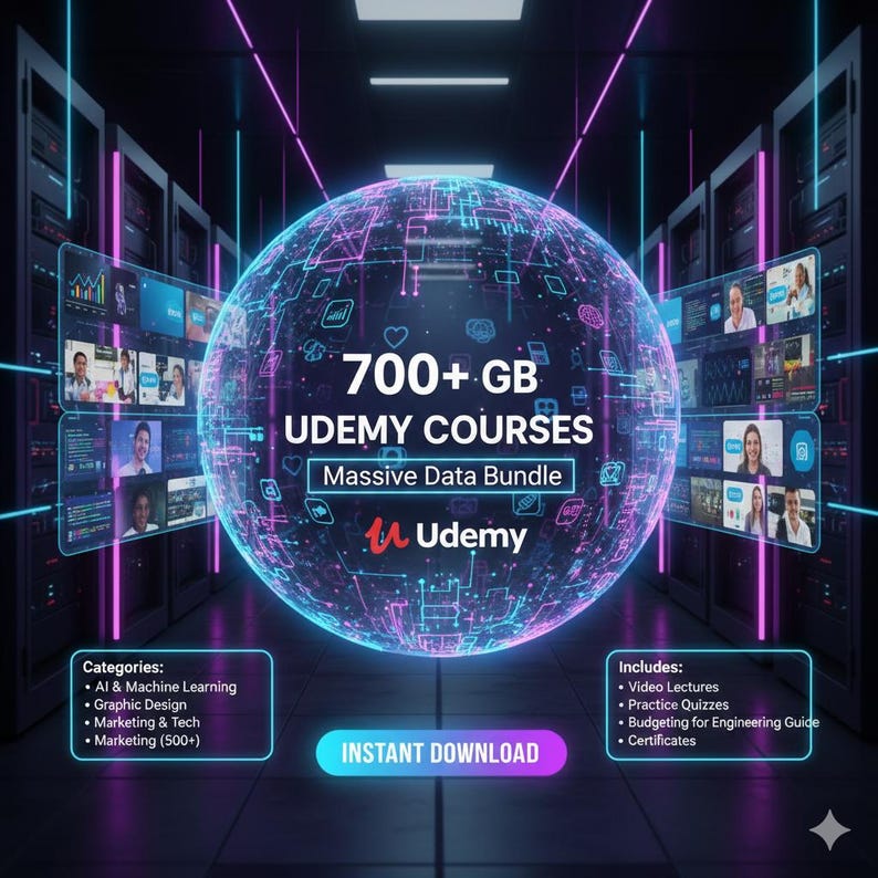 May include: A digital graphic promoting Udemy courses. The image features a glowing sphere with the text "700+ GB Udemy Courses" and "Massive Data Bundle." Categories include AI, graphic design, and marketing. Includes video lectures, quizzes, and certificates.