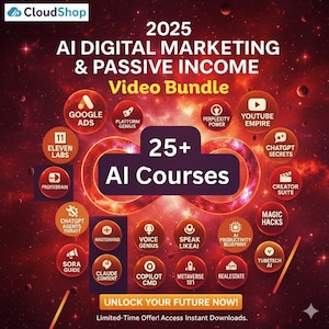 Puede incluir: Gráfico promocional para un paquete de vídeo de marketing digital y ingresos pasivos de IA de 2025. La imagen presenta un fondo rojo oscuro y naranja con múltiples iconos circulares que representan cursos de IA, incluyendo Google Ads y YouTube Empire.