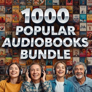 May include: Image promoting an audiobook bundle. The text "1000 Popular Audiobooks Bundle" is prominently displayed. Four people wearing headphones are smiling in front of a wall of book covers.