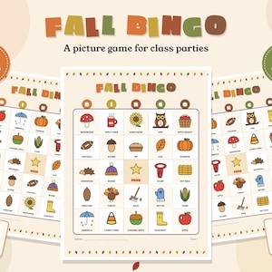 May include: A Fall Bingo game set featuring 30 unique cards and 24 calling cards. Each card displays a grid with colourful autumn-themed icons like pumpkins, turkeys, and leaves, labelled with text. The title reads Fall Bingo: A picture game for class parties.