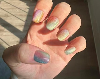 Rainbow Chrome Press On Nails | Iridescent Shimmer Short Square Nails | Handmade Reusable Nail Set