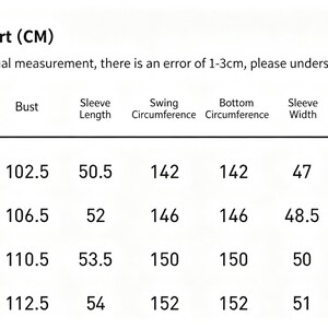 May include: A white size chart with black text, labeled "Size Chart (CM)". The chart includes measurements for bust, sleeve length, swing circumference, bottom circumference, sleeve width, and dress length, with sizes S, M, L, and XL.