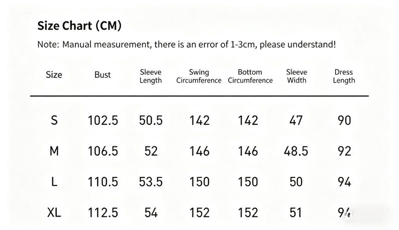 May include: A white size chart with black text, labeled "Size Chart (CM)". The chart includes measurements for bust, sleeve length, swing circumference, bottom circumference, sleeve width, and dress length, with sizes S, M, L, and XL.