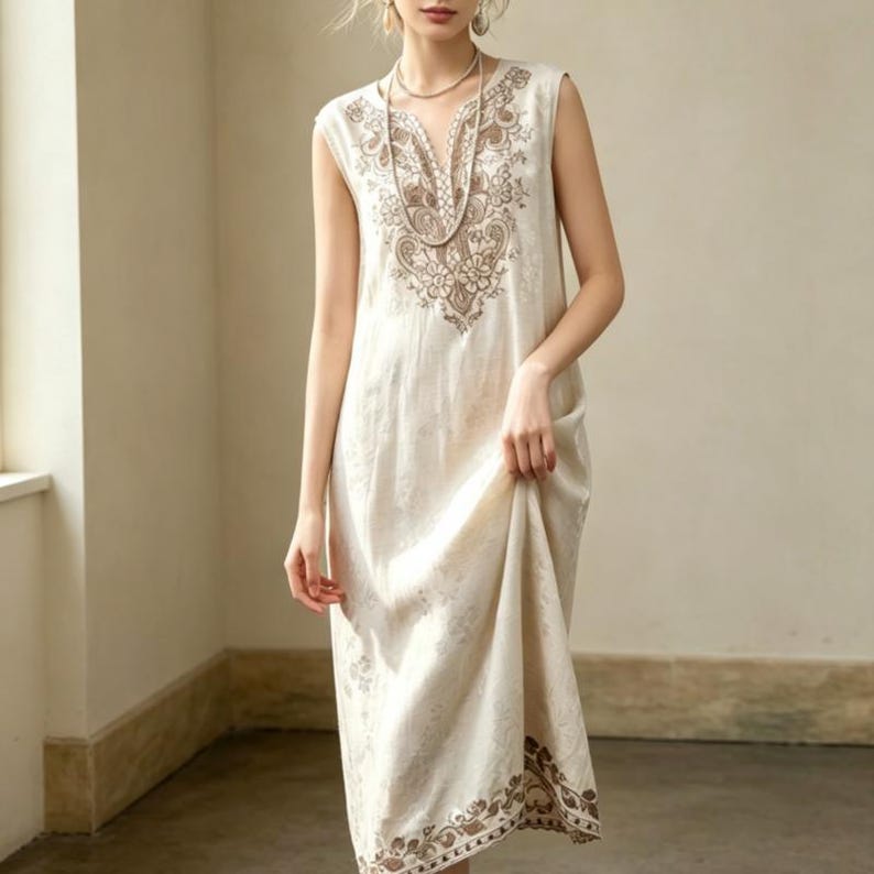 May include: A cream-coloured, sleeveless dress featuring detailed brown embroidery around the neckline and hem. The dress has a V-neck and a delicate floral pattern. The fabric appears lightweight, suitable for warmer weather.
